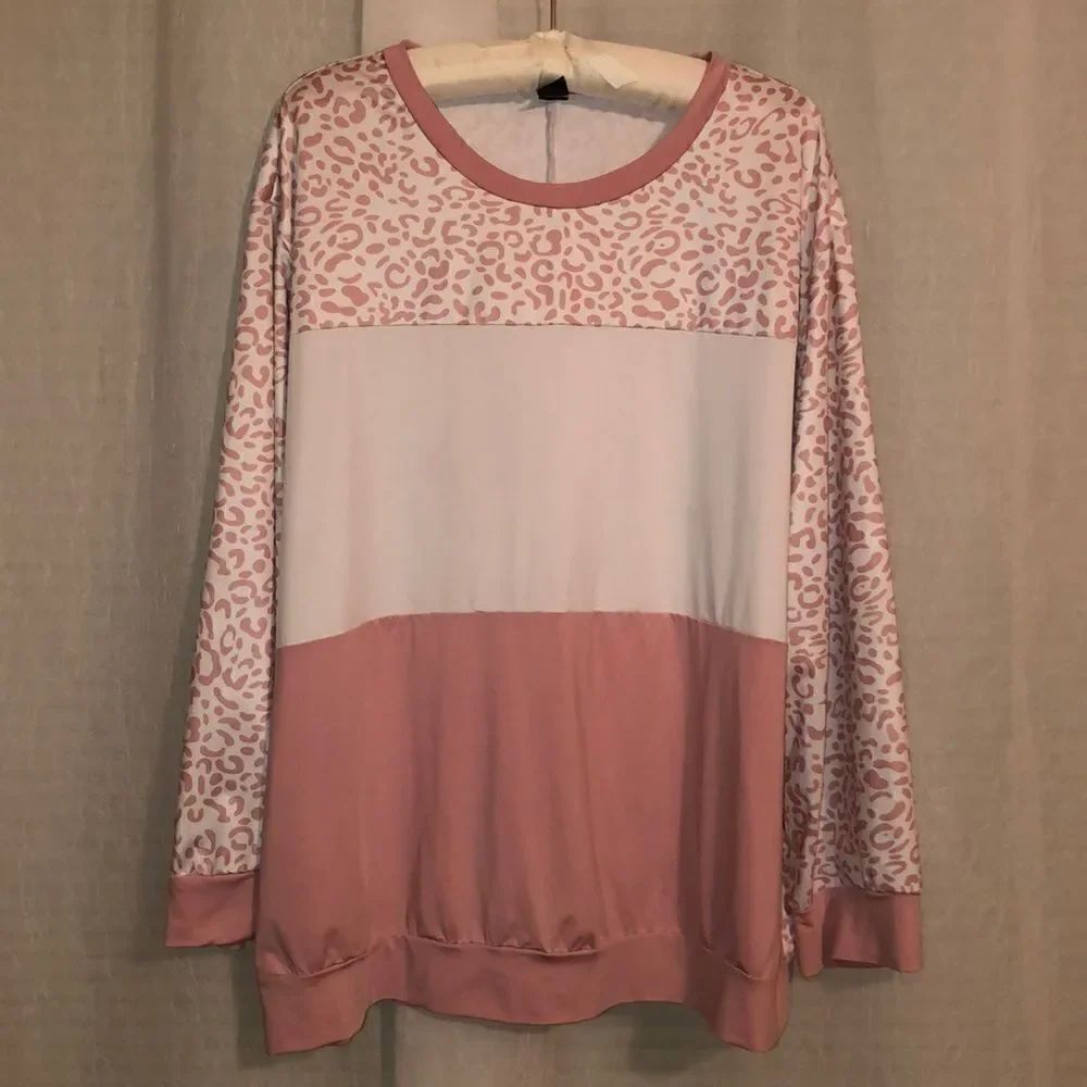 SHEIN 3X White Blush Pink Color Block Light Leopard Long Sleeve Top